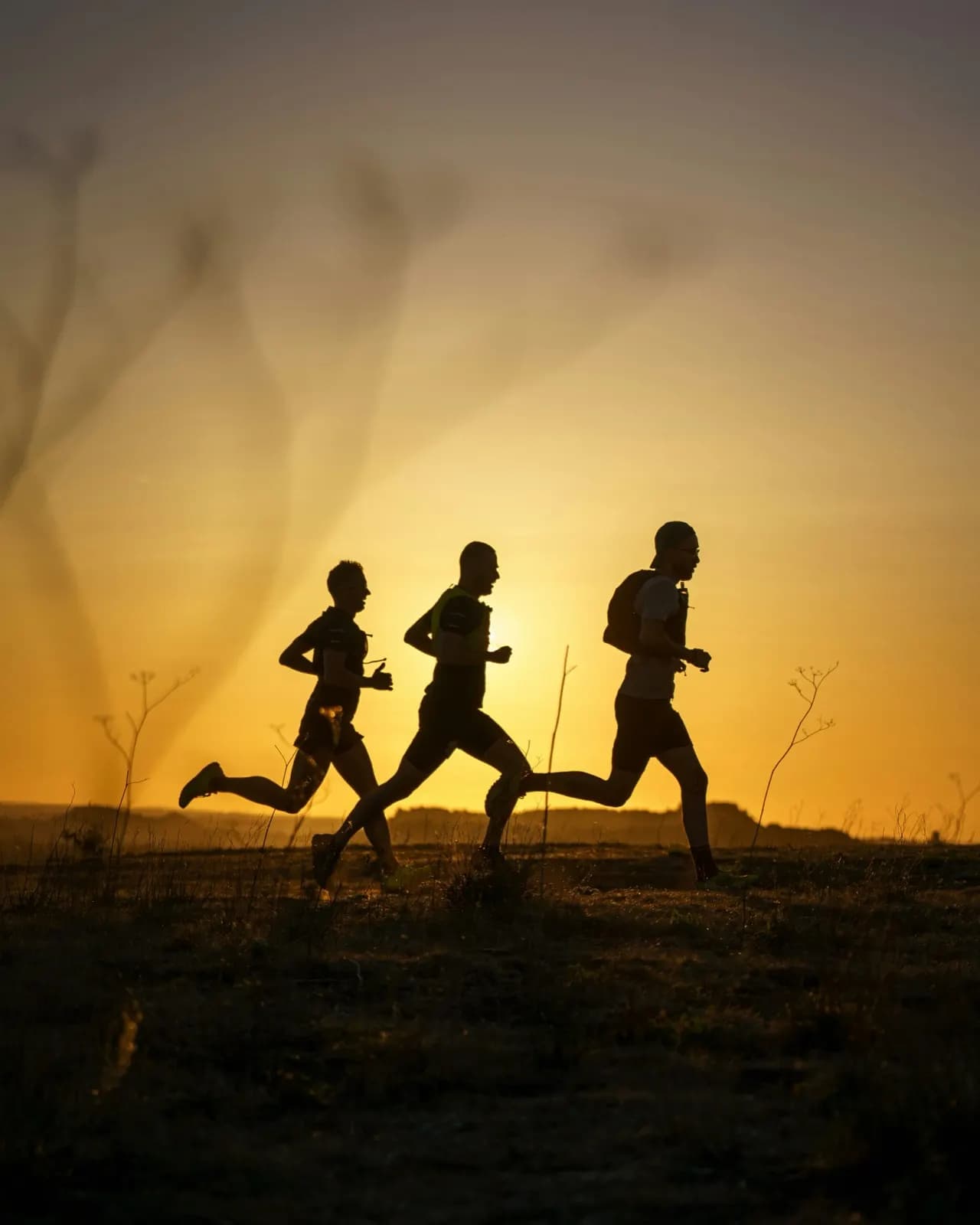 Tres corredores en silueta contra el atardecer camino a la meta